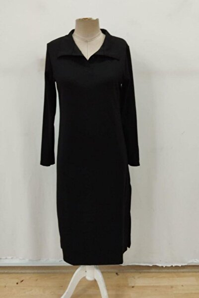 Mossta Polo Neck Side Slit Midi Modal Dress - Black