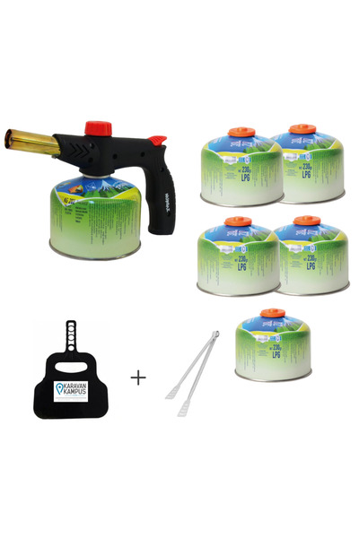 NURGAZ 1 Adet Çakmaklı Pürmüz + 5 Adet Yedek Kartuş +Karavan Kampüs Yelpaze ve Maşa Seti