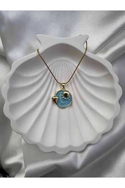 Tasarım MAVİ KALP VE GÜNEŞ DETAYLI GOLD MADALYON PASLANMAZ KARARMAZ ÇELİK KOLYE
