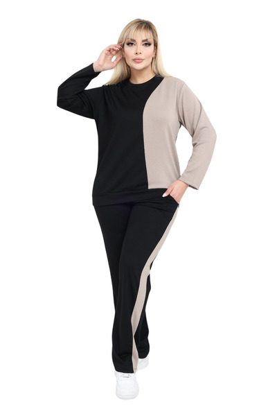 MELSAY Women's Plus Size Black-Beige Color Block Modal Tracksuit Set