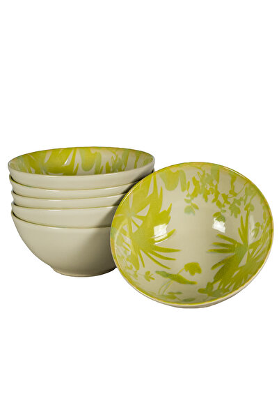 Cesiro Set of 6 bowls, 600 ml, Hawaii, Light cream with green-yellow leaves