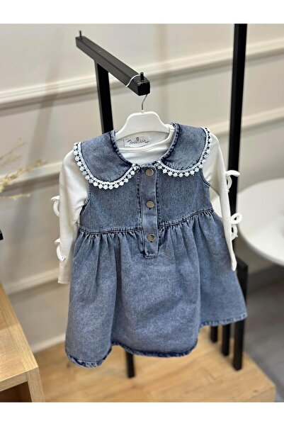 ArdenKids 3-7 Yaş Düğme ve Yaka Detaylı Jean Elbise & İnci Detaylı Body
