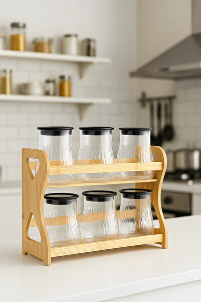 Urbanza 6 Glass Storage Jars with Black Lids & Wooden Rack – Kitchen Spice Organizer Set