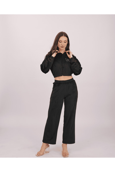 Clyfora Butterfly Velvet Crop Jacket Pajama Set