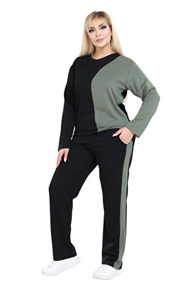 MELSAY Women's Plus Size Black-Green Color Block Modal Tracksuit Set