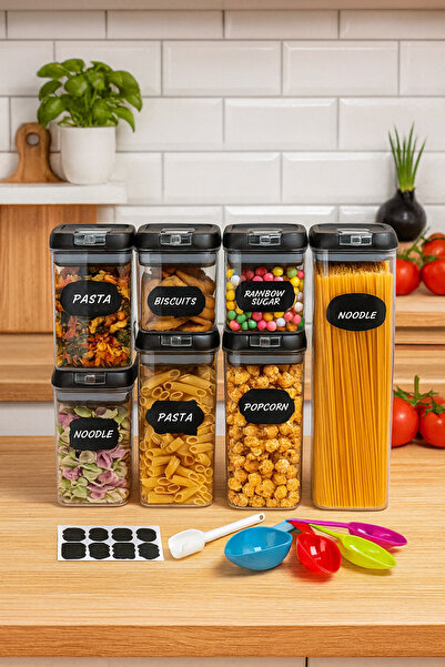 hoffmans Set of 7 Food Organization Containers – Leakproof, Reusable Labels, Measuring Cups, Various Sizes