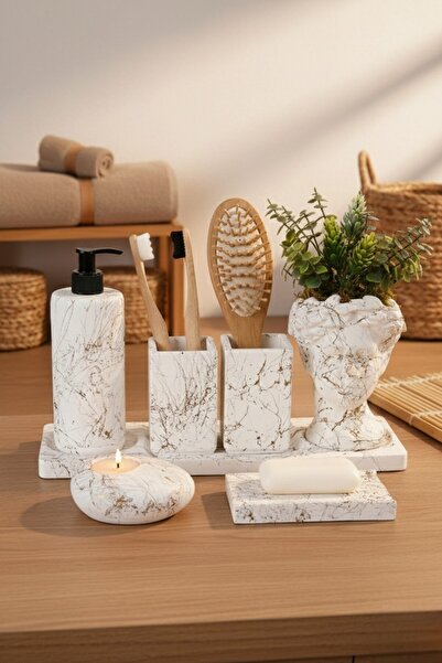 betonmall Σετ μπάνιου από σκυρόδεμα 7 τεμαχίων – Helen Tasarım Σαπουνάδα, θήκη οδοντόβουρτσας, θήκη κεριών και θήκη θυμιατού