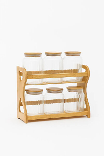Urbanza 6 Ribbed Glass Jars with Bamboo Lids & Wooden Rack – Kitchen Storage Organizer Set