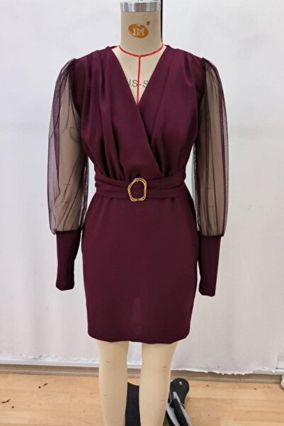 Mossta Double-Breasted Mini Imported Crepe Dress with Collar Belt - Burgundy