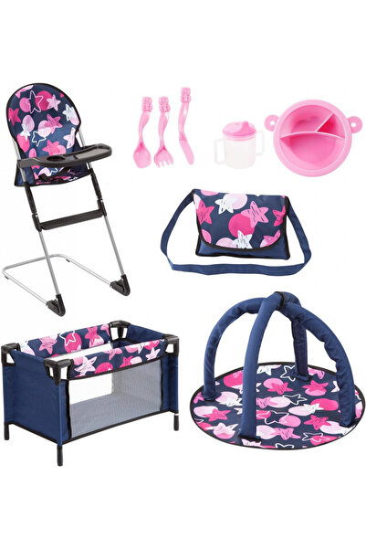 Bayer Set 9in1 complet ingrijire papusi Blue/Pink Stars cu scaun de masa,patu...