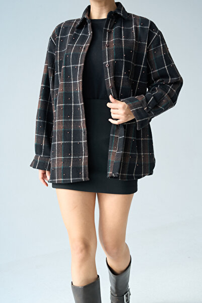 LOOSH Kadın Kahve Taş İşleme Detaylı Ekose Desenli Pamuklu Gömlek