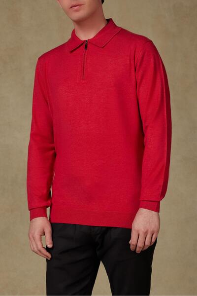 Abbate Claro Knitted Fabric Cotton Blend Modern Fit Red Polo Neck Men's Plain Knitwear