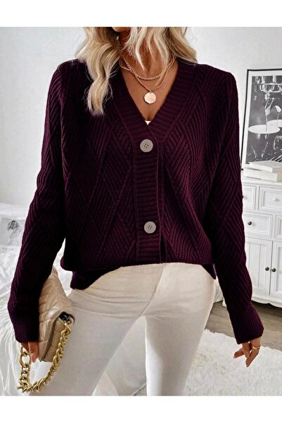 SolQ Baklava Patterned Buttoned Model Woven Detailed Long Sleeve Knitwear Cardigan