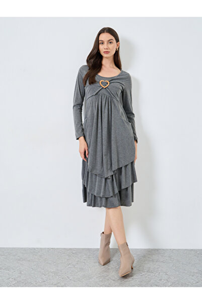 Take Two By Styli Grey Ruffled Hem Heart Metal Front Midi Dress