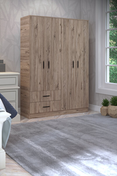 Gubimo Abete-4 Kapılı 2 Çekmeceli 2 Askılıklı Gardırop (ELBİSE DOLABI-YÜKLÜK) / Atlantik Çam