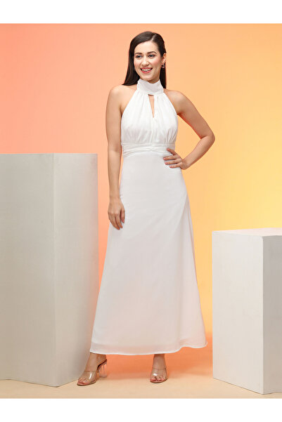 Globus By Styli White Tie-Up Halter Neck A-Line Maxi Dress