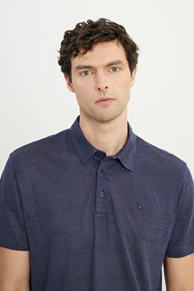 ALTINYILDIZ CLASSICS Men's Navy Blue 100% Linen Slim Fit Slim Fit Polo Neck T-Shirt