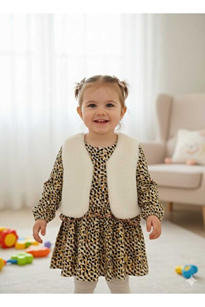 Bebepan Peluş Yelekli Leopar Kız Çocuk Elbisesi