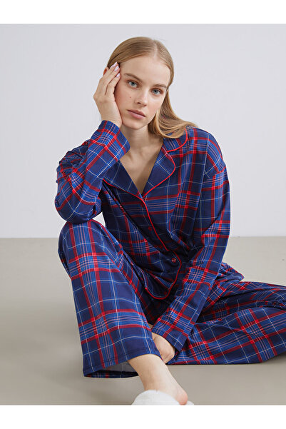 LC Waikiki Young Navy Blue Shirt Collar Plaid Women's Pajama Set