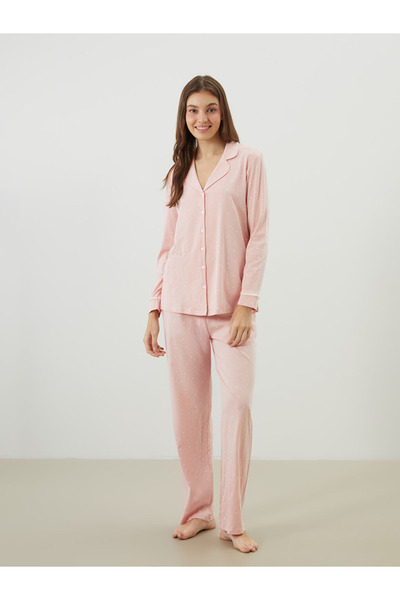 LC Waikiki Dream Pink Shirt Collar Heart Printed Women's Pajama Set