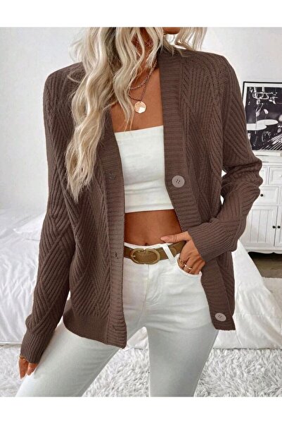 SolQ Baklava Patterned Buttoned Model Woven Detailed Long Sleeve Knitwear Cardigan