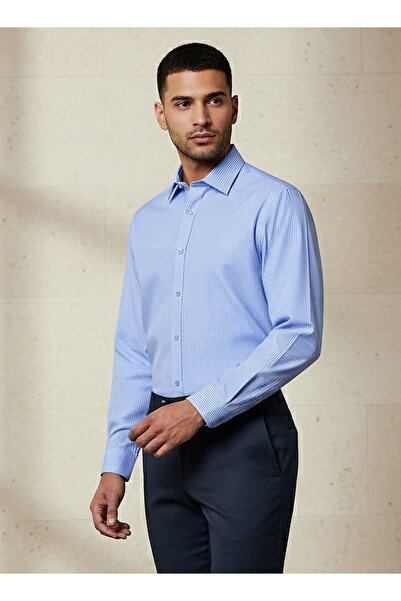 FAV قميص رجالي مخطط بأكمام طويلة وياقة وقصة عادية