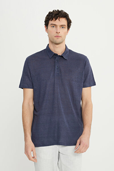 ALTINYILDIZ CLASSICS Men's Navy Blue 100% Linen Slim Fit Slim Fit Polo Neck T-Shirt
