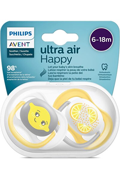 Philips Avent Ultra Air Pacifiers SCF080/18, Pack of 2, Soft, 6-18 months - Lemon/Orange