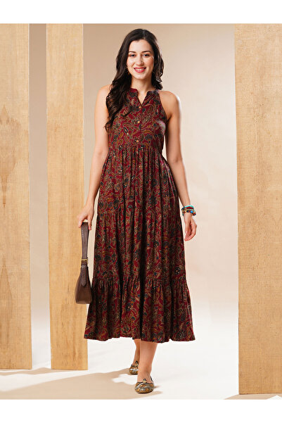 Globus By Styli Mandarin Collar Tiered Fusion Maxi Dress