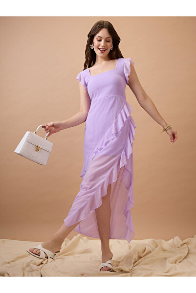 Globus By Styli Lavender Square Neck Ruffle Hem Midi Dress
