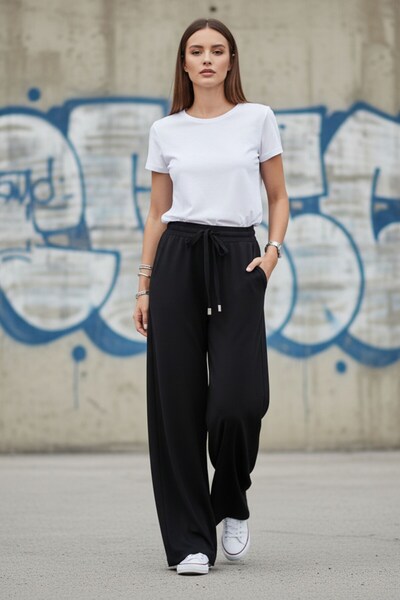 Kübra Tekstil Γυναικείο μαύρο παντελόνι με φαρδύ πόδι με ψηλόμεσο κορδόνι με ...