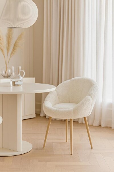 KOKİ DESİGN Papatya Kırık Beyaz Peluş Kumaş Yemek Masası Sandalyesi, Makyaj Masası Sandalyesi