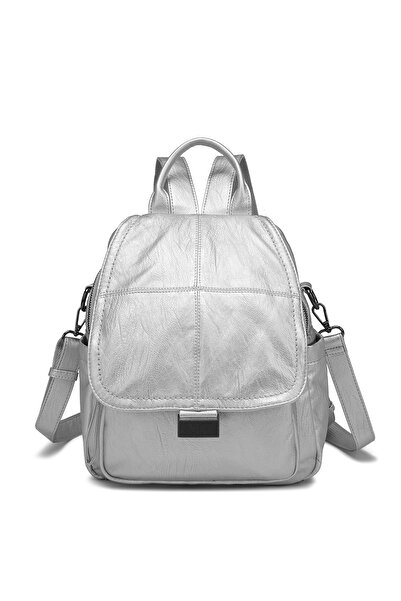 Hüvendo Barcelona Multi-Pocket Cover Detailed Casual Medium Size Women's Backpack Platinum