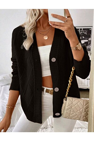 SolQ Baklava Patterned Buttoned Model Woven Detailed Long Sleeve Knitwear Cardigan