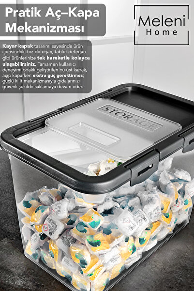 Meleni Home 2'li Etiketli Deterjan Saklama Kutusu - 15 Lt Sürgülü Kilitli Kapak Tablet Toz Deterjan Kabı Gri