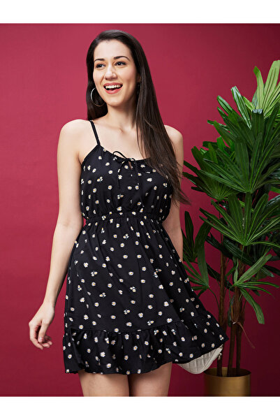 Globus By Styli Black Floral Print Strappy Ruffled Hem Mini Dress