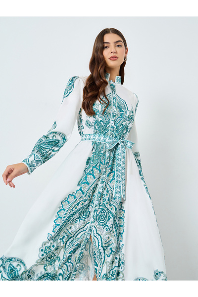 Take Two By Styli Floral Printed Stand Collar Belted Maxi Dress