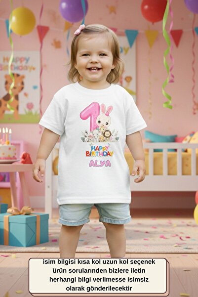 Asilcomkids 1. Yaş Temalı Sevimli Tavşanlı Tişört | İsim Yazılı Bebek Doğum Günü Kıyafeti