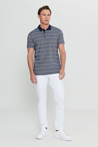 ALTINYILDIZ CLASSICS Men's Navy Blue Cotton Slim Fit Slim Fit Polo Neck Jacquard T-Shirt