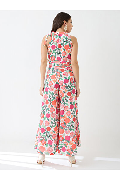 Globus By Styli Floral Fruit Print Pleated Detail Flared Fusion Jumpsuit
