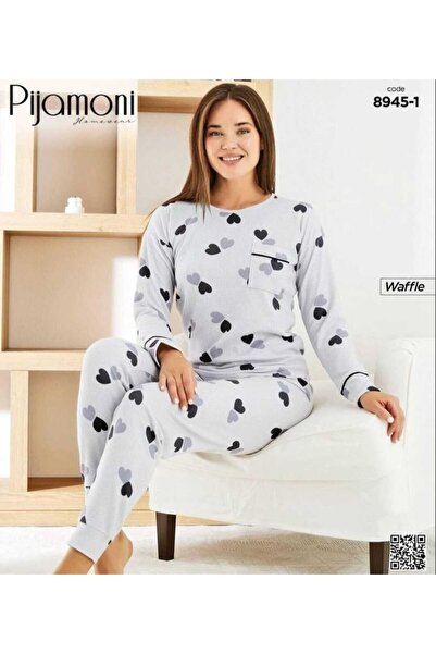 Pijamoni GRİ KALP DESENLİ KADIN PİJAMA TAKIMI