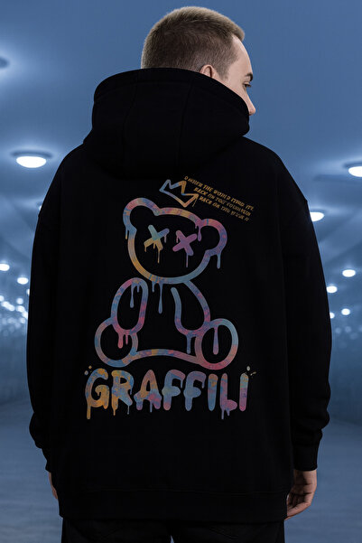 CLASSY.MODA Hanorac „Bărbați supradimensionat cu glugă Graffiti colorat Urs c...