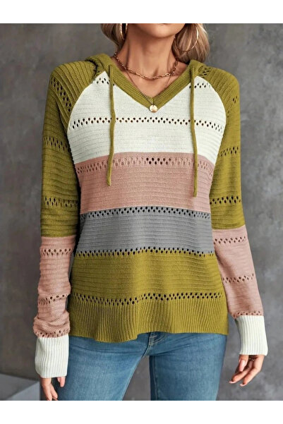 KentselBazaar Bluză de tricotat cu glugă, cu mânecă lungă, cu decolteu în V, cu șireturi