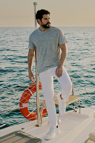 ALTINYILDIZ CLASSICS Men's Grey-Ecru 100% Linen Slim Fit Slim Fit Striped Crew Neck T-Shirt