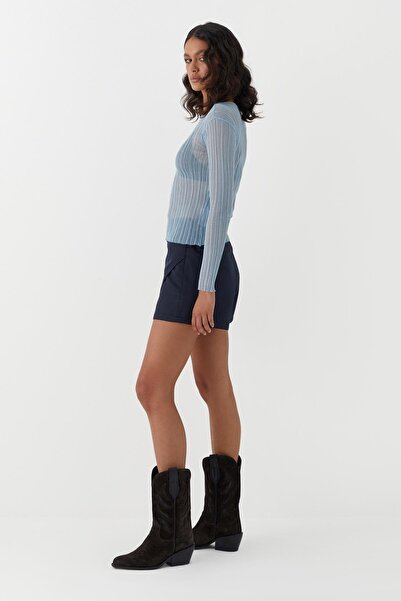 MARKALİSTE Ημιδιαφανές μακρυμάνικο μπλουζάκι κοτλέ μπλε