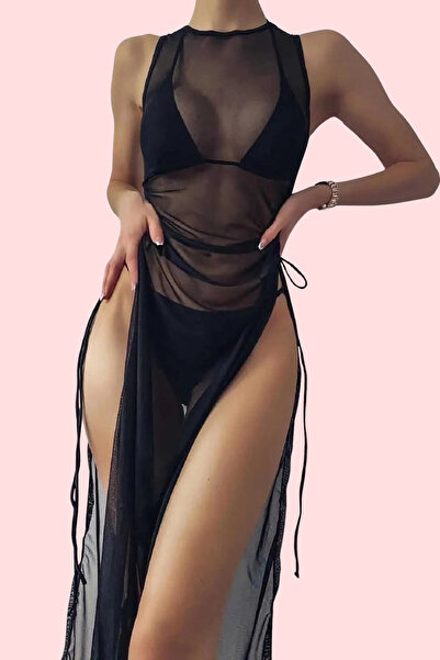 KILIÇ LİNGERİE Siyah File Detaylı Bikini Üstü Kapama Plaj Elbisesi
