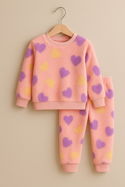 nazarbebe 2-4 Years Old Heart Patterned 3 Thread Fleece-Lined Fleece Set – Girls' Home & Winter Set