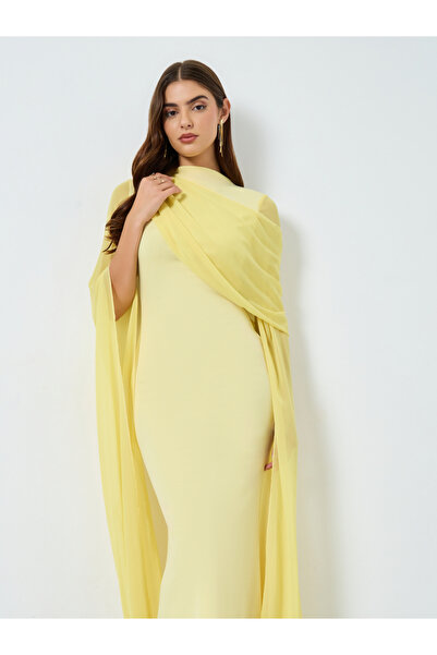 Take Two By Styli Solid Wrap Draped Mesh Cape Sleeve Maxi Dress