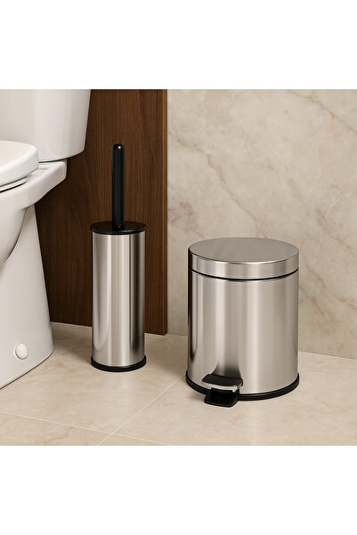 vixena Paslanmaz Çelik 3 L Çöp Kovası ve Klozet Fırçası Seti Banyo Tuvalet İk...