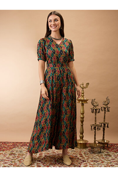 Globus By Styli Ethnic Motifs Print Flared Wide Leg Fusion Jumpsuit